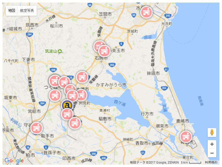 ・鉾田店 2017年オープン予定!<br />
・桜土浦インター店(つくば市下広岡1061-250)<br />
・つくば花室店(つくば市花室1127-6)<br />
・研究学園中央店(つくば市学園の森3丁目5番地3)<br />
・オートテラスつくば(つくば市学園の森3丁目5番地3)<br />
・谷田部インター店(つくば市台町2-3-16)<br />
・土浦北インター店(土浦市真鍋6-26-82)<br />
・荒川沖店(土浦市中村南6-534-4)<br />
・阿見店(阿見町阿見4530)<br />
・牛久店(牛久市牛久町474-6)<br />
・龍ヶ崎店(龍ケ崎市若柴町2240-53)<br />
・南守谷店(取手市戸頭1100-1)<br />
・神栖木崎店(神栖市木崎208-1)<br />
・石岡正上内店(石岡市正上内9-13)<br />
・石岡店(石岡市東大橋3151-1)<br />
・水戸けやき台店(水戸市けやき台3-62-2)
